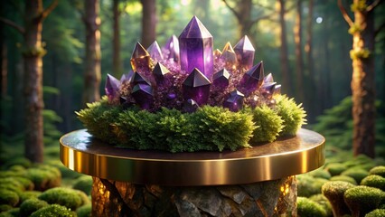 Mystical Amethyst Geode Cluster on a Mossy Pedestal in a Sun-Dappled Forest