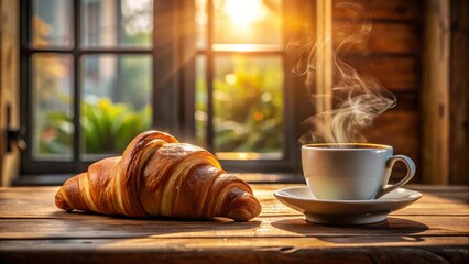 Golden Hour Breakfast A Warm Cup of Coffee and Flaky Croissant on a Rustic Wooden Table by a Sunlit Window