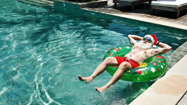 festive pool float white santa in green wreath tube, red trunks and sunglasses mixing christmas motifs with sunny poolside atmosphere, playful holiday-meets-summer scene at resort edge.