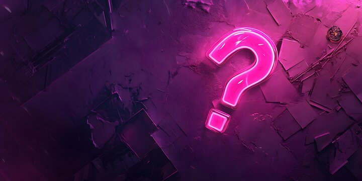 Vibrant pink neon question mark glowing brightly against a dark textured background evoking mystery and uncertainty - Powered by Adobe
