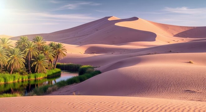 A serene desert landscape featuring sand dunes, palm trees, and a body of water. The scene is bathed in warm sunlight, creating a peaceful atmosphere.