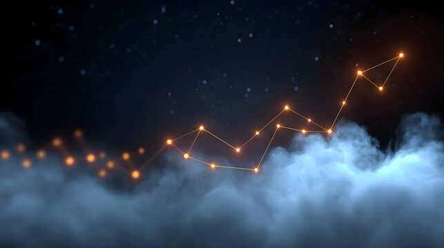 A glowing line graph showing an upward trend against a dark misty night sky