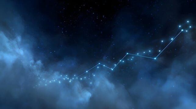A glowing abstract constellation graph charting an upward trend against a cosmic nebula background