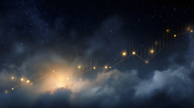 A luminous financial trend line ascends through clouds under a starry night sky symbolizing growth and future success