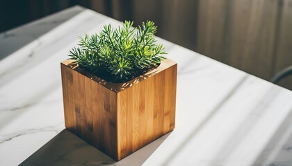 A fresh green plant in a stylish square wooden pot on a white marble table with natural sunlight