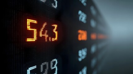 Close up of glowing orange and white digital numbers on a dark blurred background representing financial data or market information