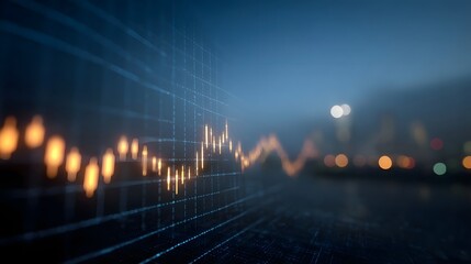 Abstract financial market chart with glowing data lines overlaid on a grid set against a blurred twilight cityscape with bokeh lights