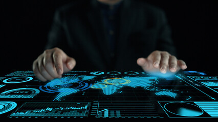 A business professional interacts with a digital interface, displaying graphs and a world map that showcases data analytics and global insights for decision-making. Cipher