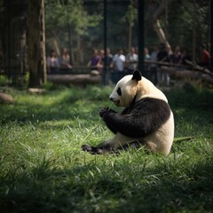 Giant panda sitting in lush green grass in a forest setting