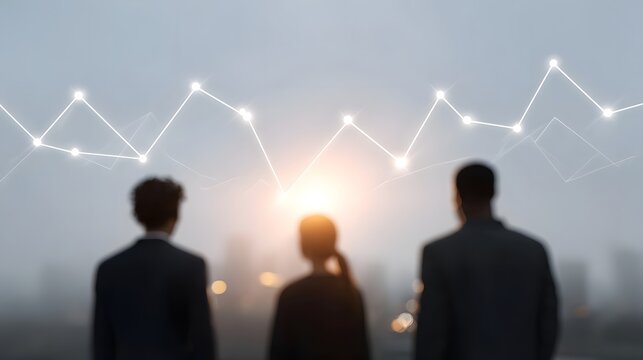 Three professionals view a glowing financial graph overlaid on a misty cityscape at sunrise