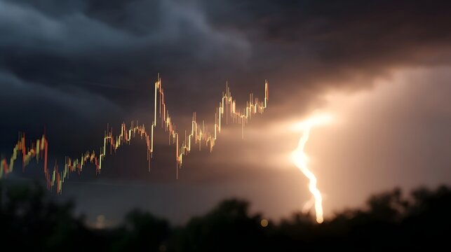 A market candlestick chart superimposed against a dramatic stormy sky with a lightning strike