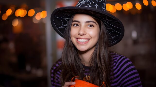Vibrant Halloween portrait of a young woman in a classic witch costume holding a pumpkin bucket against warm festive lights, showcasing cheerful seasonal celebration atmosphere - Powered by Adobe