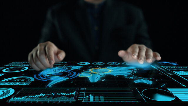 A business professional interacts with a digital interface, displaying graphs and a world map that showcases data analytics and global insights for decision-making. Cipher