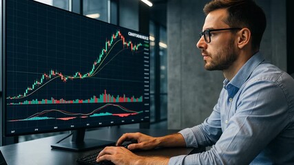 financial analyst studies rising stock chart on monitor in modern office. Graph lines, numbers, finance growth and investment strategy. Man analyzes stock data on screen, tracking market movement. - Powered by Adobe