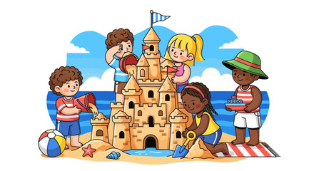 Children Building Elaborate Sandcastle on Sunny Beach Day.