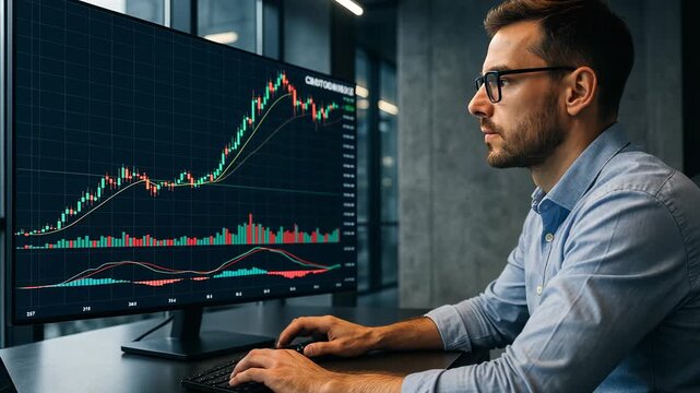 financial analyst studies rising stock chart on monitor in modern office. Graph lines, numbers, finance growth and investment strategy. Man analyzes stock data on screen, tracking market movement.