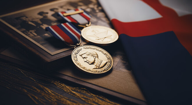 A close-up captures a poignant array of military medals, meticulously arranged atop vintage photographs and a patriotic flag, evoking a sense of solemnity and remembrance. 