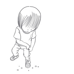 Monochrome line art illustration of a young child picking up small stones from the ground 