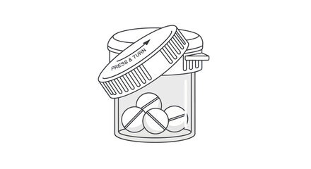 Prescription pill bottle with cap open revealing round tablets inside.