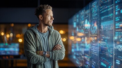 Man with Arms Crossed Examining Digital Graphs and Charts