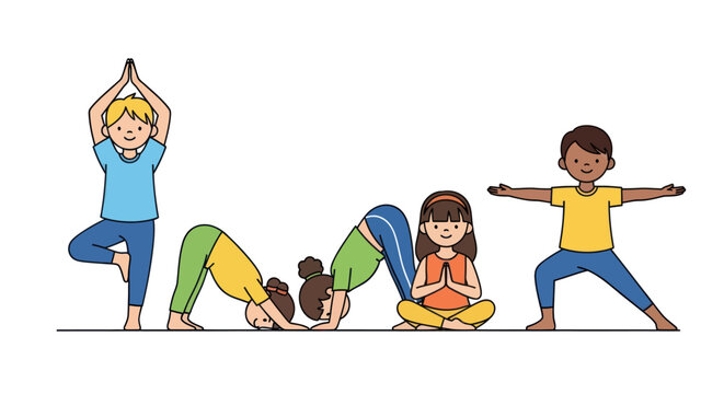 Group of Children Practicing Yoga Poses Together Promoting Health and Wellness.