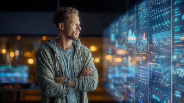 Man with Arms Crossed Examining Digital Graphs and Charts