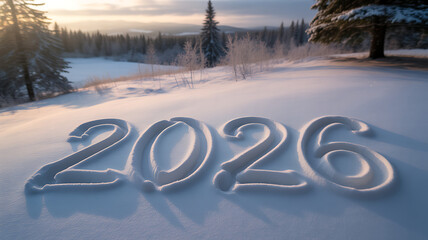 The year 2026 written in large numbers carved into fresh, untouched snow in a beautiful, frosty winter landscape at sunrise or sunset
