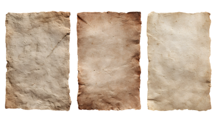 Three antique parchment scrolls with aged textured paper and rough torn edges displayed vertically isolated on transparent background