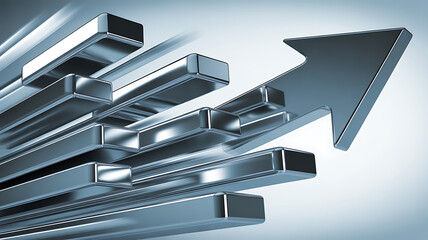 Abstract 3d rendering of metallic silver arrows pointing upward and forward symbolizing growth, success, progress, and business achievement in a modern digital environment
