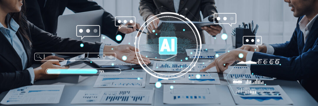 A diverse group of professionals collaborates in a modern workspace, utilizing artificial intelligence insights to analyze data and drive business innovation and growth. Trope