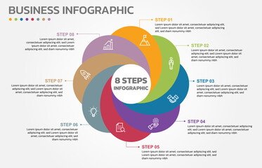 Visual data presentation. Cycle diagram with 8 options. Pie Chart Circle infographic template with 8 steps, options, parts, segments. Business concept. Editable pie chart with sectors. 