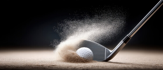 Golf club strikes ball in sand trap, sending sand flying in impressive display of skill and precision. scene captures essence of game and excitement of perfect shot