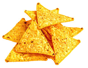 Fototapeta premium Pile of golden, triangular tortilla chips on black