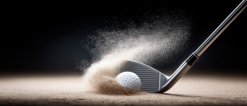 Golf club strikes ball in sand trap, sending sand flying in impressive display of skill and precision. scene captures essence of game and excitement of perfect shot