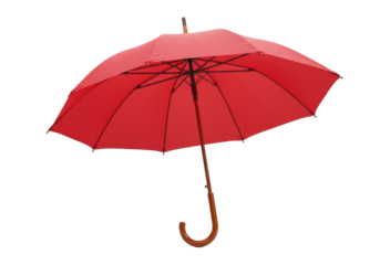 Vibrant red umbrella, fully open, round canopy, visible metal ribs, polished brown wooden handle, isolated against seamless transparent studio background with copy space, concept of readiness and