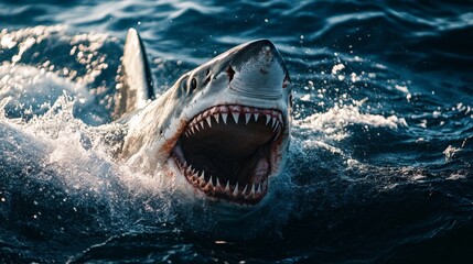 Fototapeta premium A great white shark breaches the ocean surface with its mouth open, showcasing sharp teeth and powerful jaws in a dynamic display of marine predator behavior.