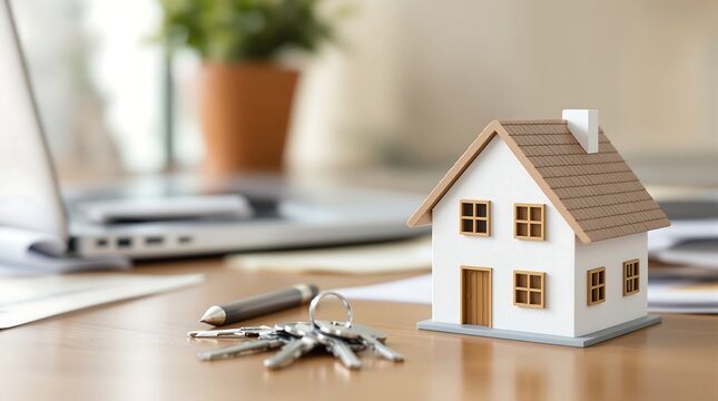 Buy a house concept: model house, keys, pen, and laptop on desk for real estate and mortgage concept