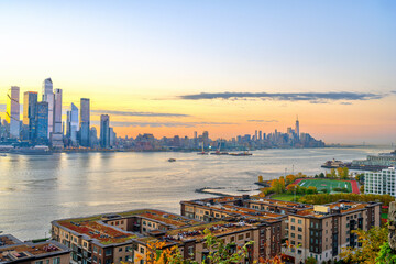 The Hudson river with the skyline of lower Manhattan before sunrise