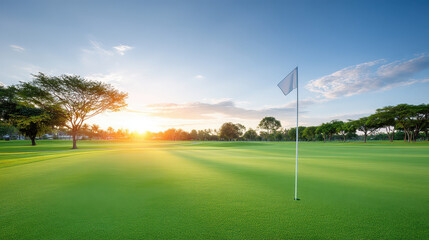 Obraz premium Serene golf course at sunrise showcases lush green grass and flag gently waving in breeze. tranquil atmosphere invites players to enjoy perfect day of golf