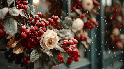 Woman hands decorating christmas tree with clear glass ornament, hanging snowflake patterned bauble on snowy branch, preparing for winter holidays and festive season - Powered by Adobe