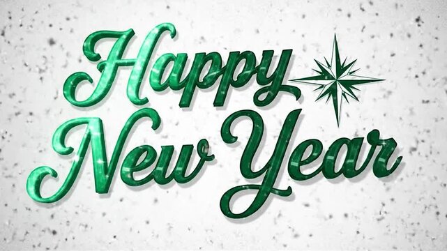 Elegant green script typography saying happy new year with a sparkling star icon on a textured white background
