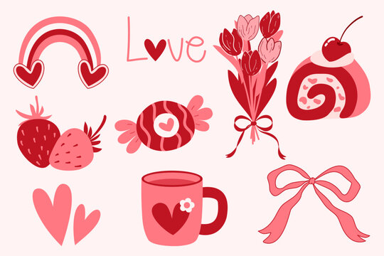 set of red hearts and flowers valentine day valentines with design elements