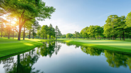 Serene golf course landscape features lush green grass and tall trees reflecting in calm water body under clear blue sky. beauty of nature enhances golfing experience