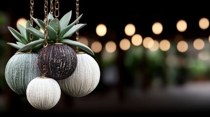 Hanging beaded planters with succulents and blurred lights in background