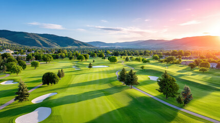 Breathtaking golf course landscape showcases lush green fairways and rolling hills under vibrant sky. serene environment invites relaxation and enjoyment of game