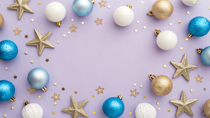 Holiday decorations with colored ornaments and gold stars on purple background for festive celebrations