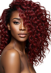 Fototapeta premium A young african american woman, mid-20s, with radiant skin and voluminous red curls, confident gaze, on a transparent studio background with copy space, celebration of natural beauty
