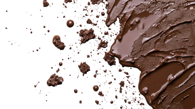 Wet mud stains forming irregular earthy splatter texture with natural messy soil pattern ideal for surface detail presentation isolated on white background