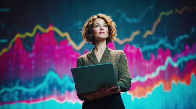 Businesswoman analyzes market trends with a laptop, envisioning future growth