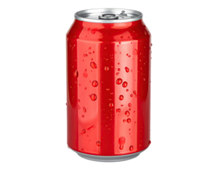 Red soda can, water droplets, isolated